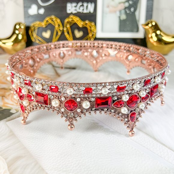 Wedding King Crown, Vintage Red Rhinestone XL Royal Crown, Baroque Crown for Men - Picture 2 of 8